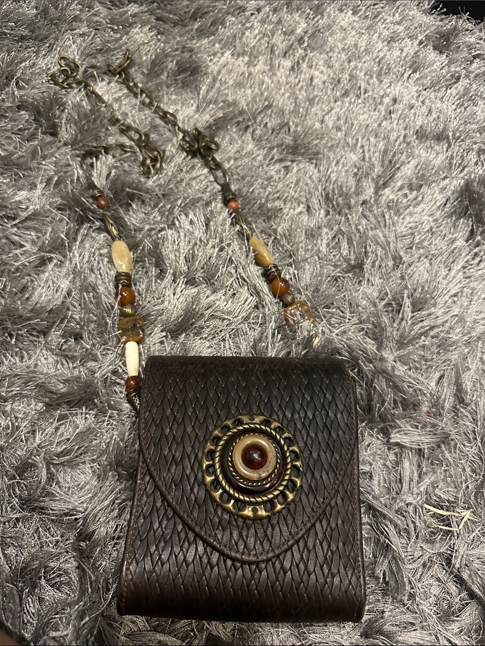 Vintage Leatherock Dark Brown Woven Crossbody with Beaded Chain and Medallion